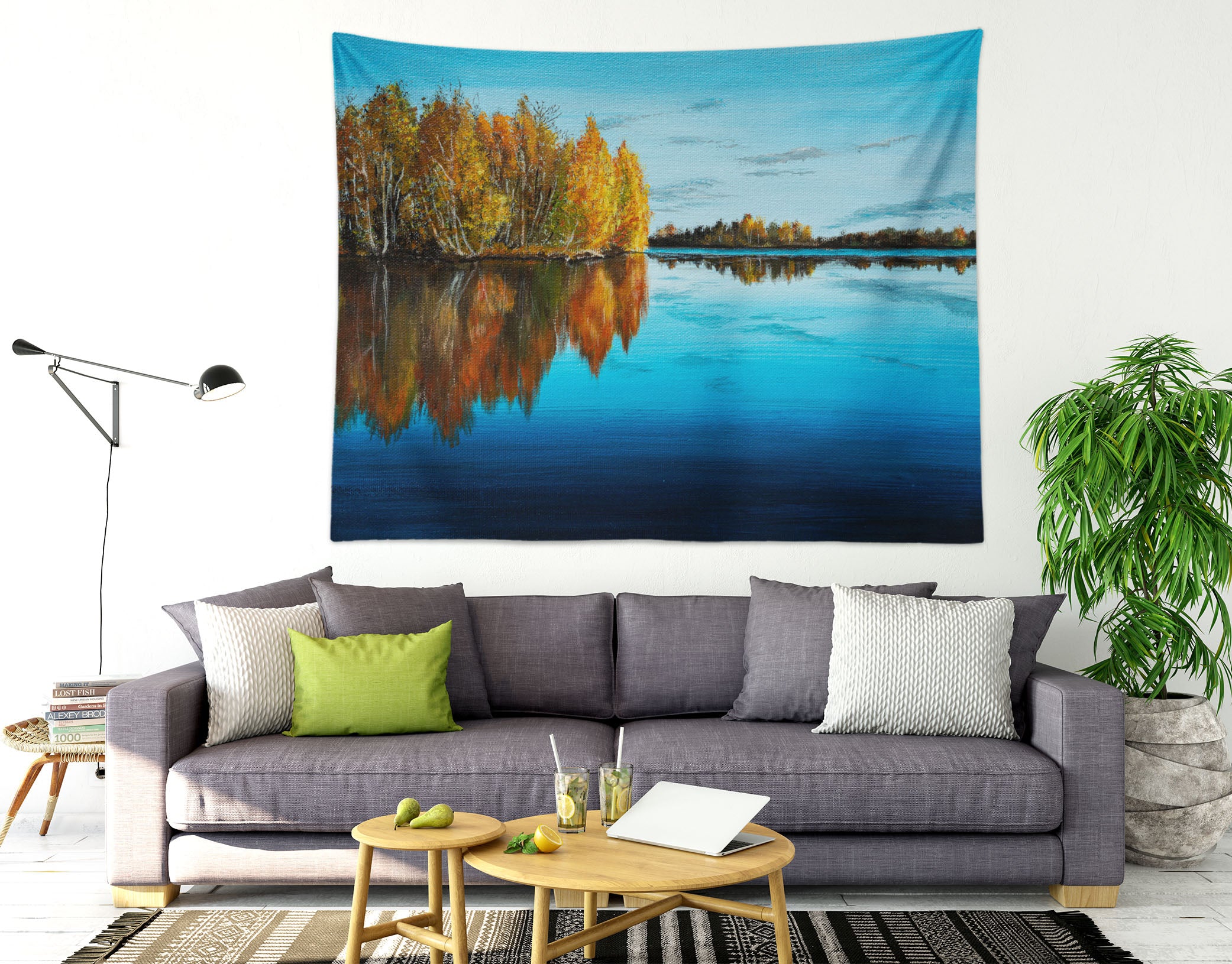 3D Blue Lake Trees 559 Marina Zotova Tapestry Hanging Cloth Hang