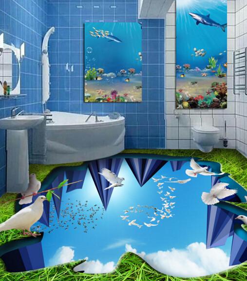 3D White Doves Floor Mural Wallpaper AJ Wallpaper 2