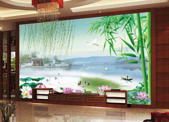 3D Bamboo Willow Lotus Wallpaper AJ Wallpaper 1