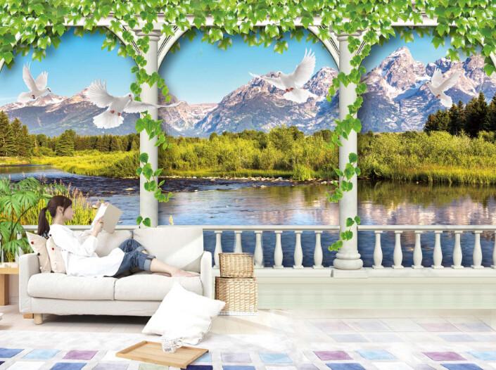 3D Oasis Mountain Fence Wallpaper AJ Wallpaper 1