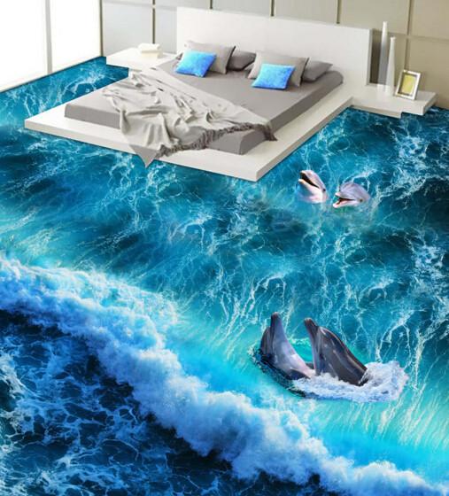 3D Wave And Dolphins Floor Mural Wallpaper AJ Wallpaper 2
