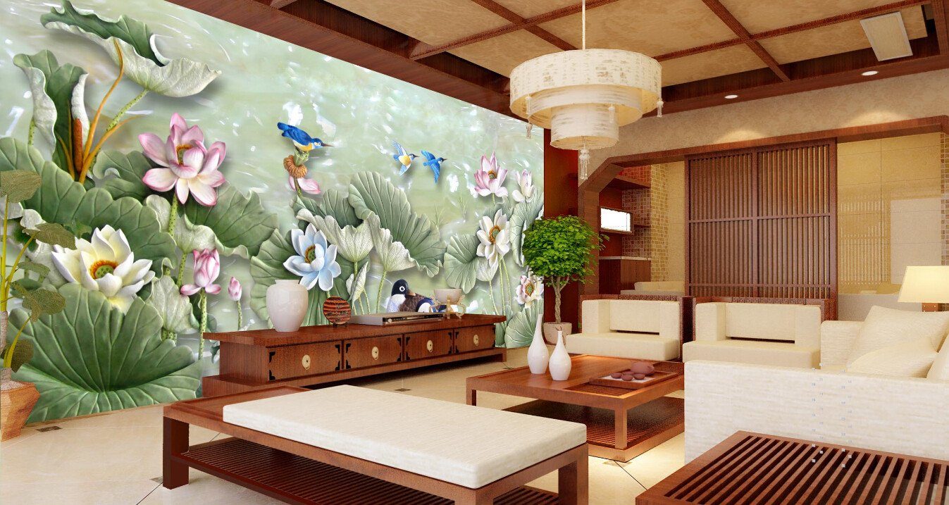 3D Jade Lotus And Colorful Birds Wallpaper AJ Wallpaper 1