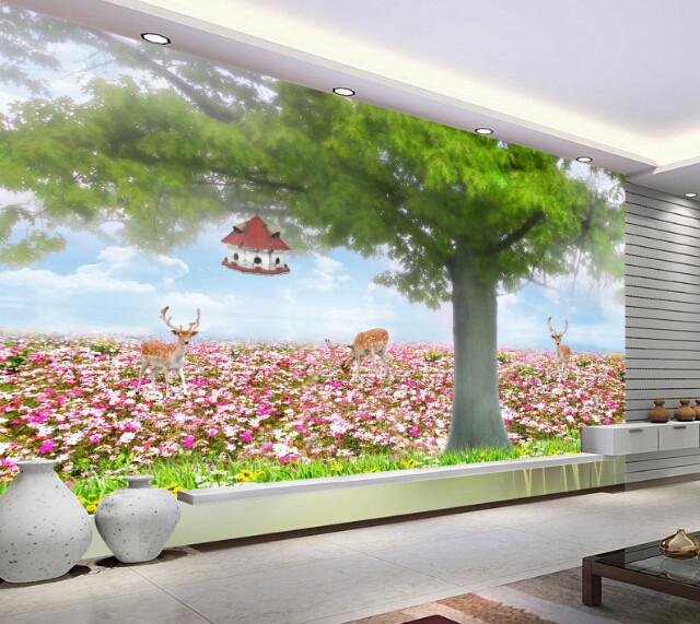 3D Colorful Flowers And Deer Wallpaper AJ Wallpaper 1