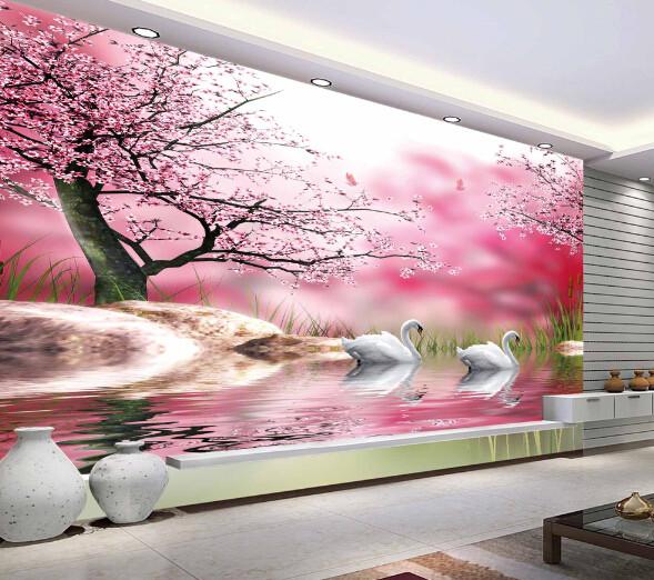 3D Beautiful Flowers And Swans Wallpaper AJ Wallpaper 1