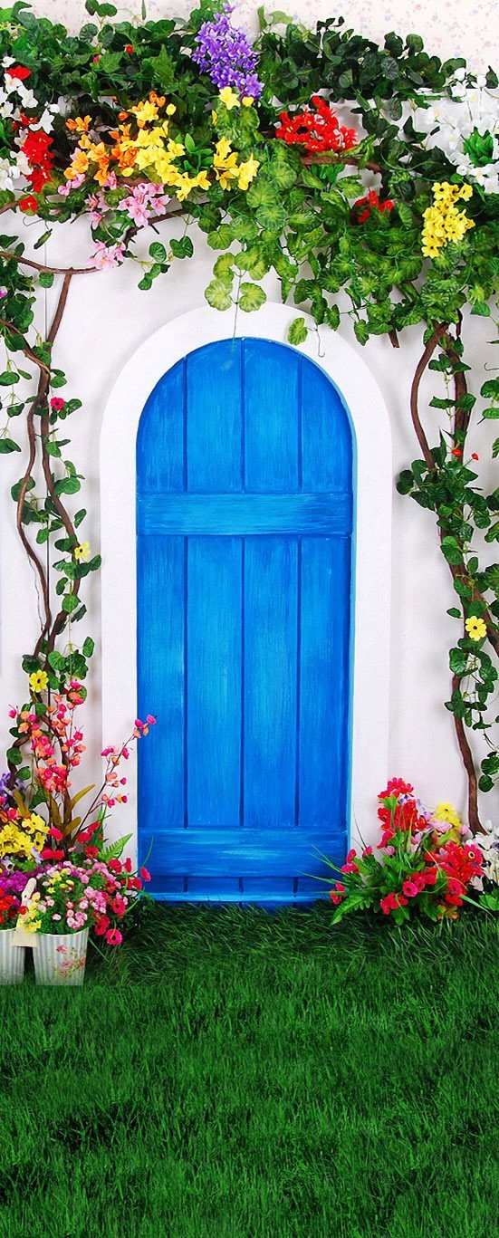 3D blue door flower vine grassland door mural Wallpaper AJ Wallpaper