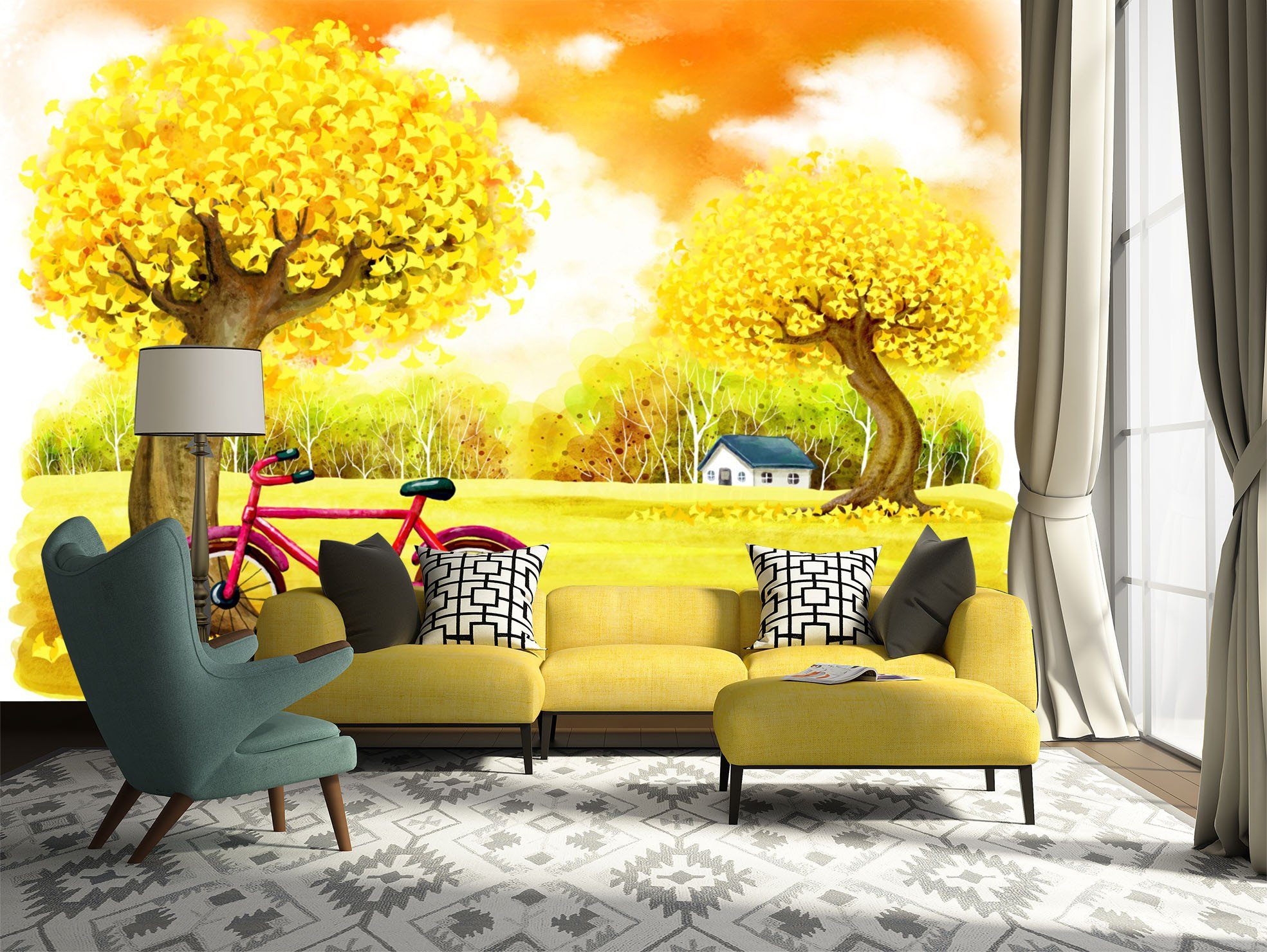 3D Yellow Tree Bike 387 Wallpaper AJ Wallpaper