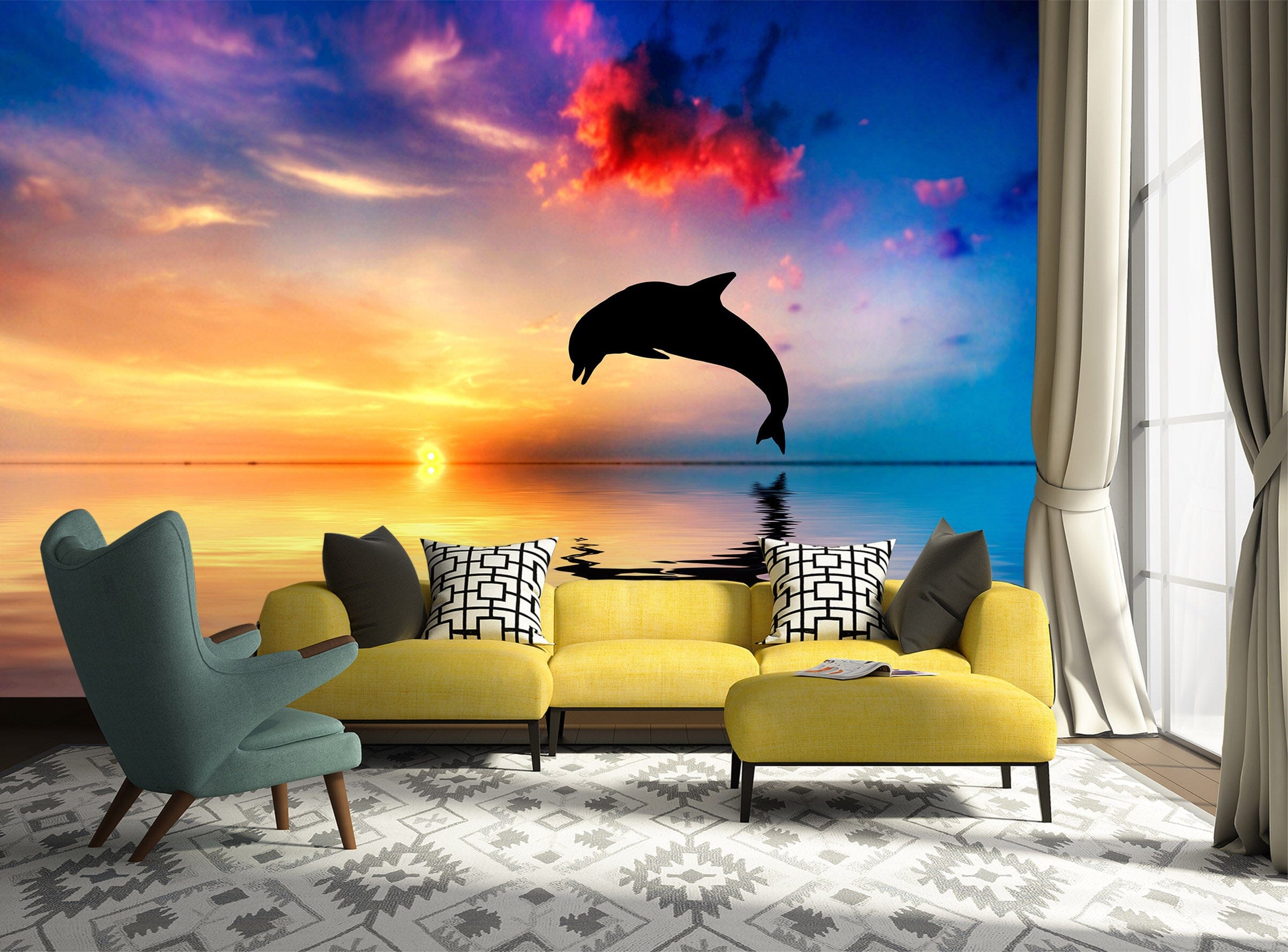 3D Sunset Dolphin 1025 Wall Murals Wallpaper AJ Wallpaper 2