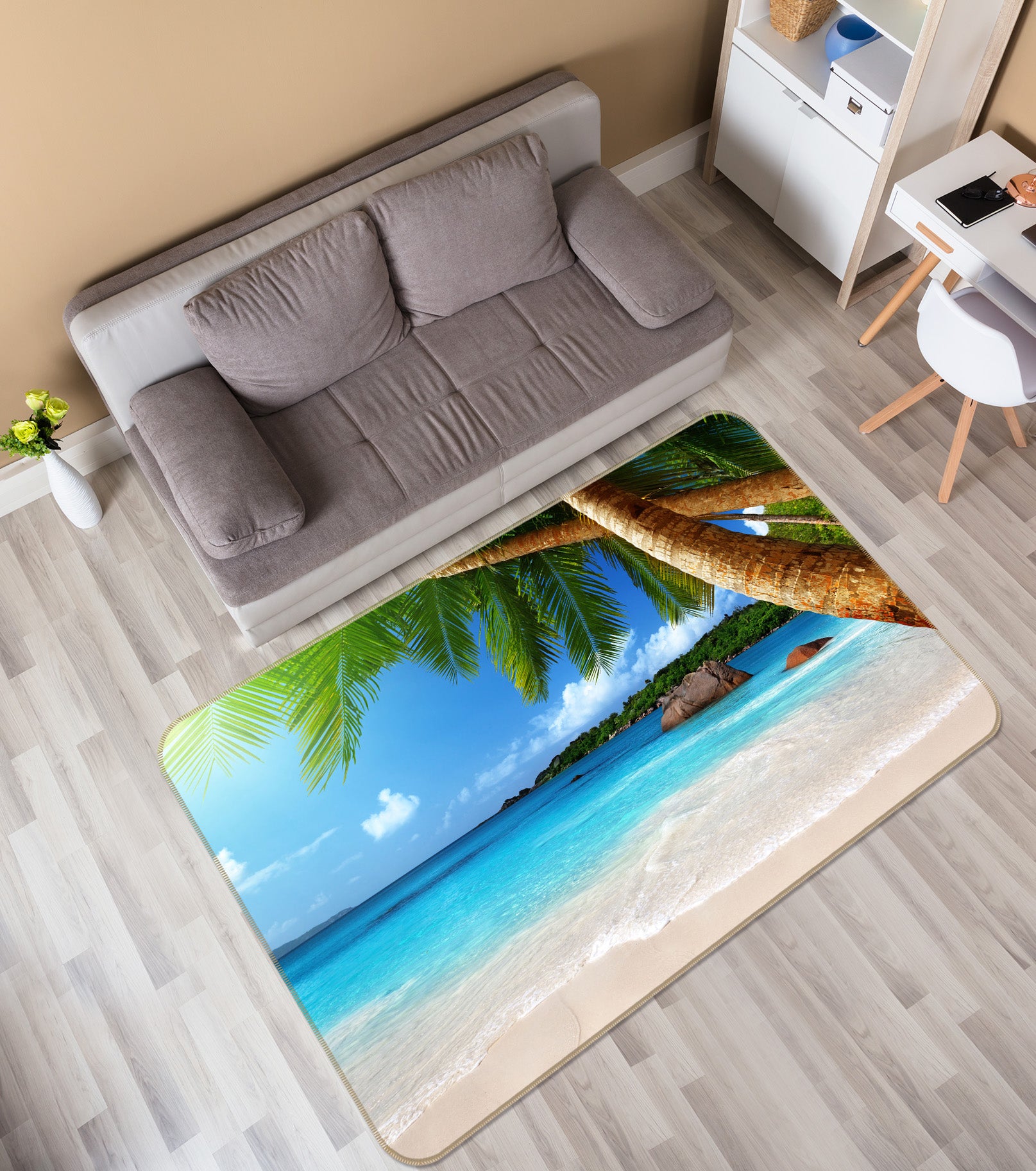 3D Beach Coconut Tree 65079 Non Slip Rug Mat