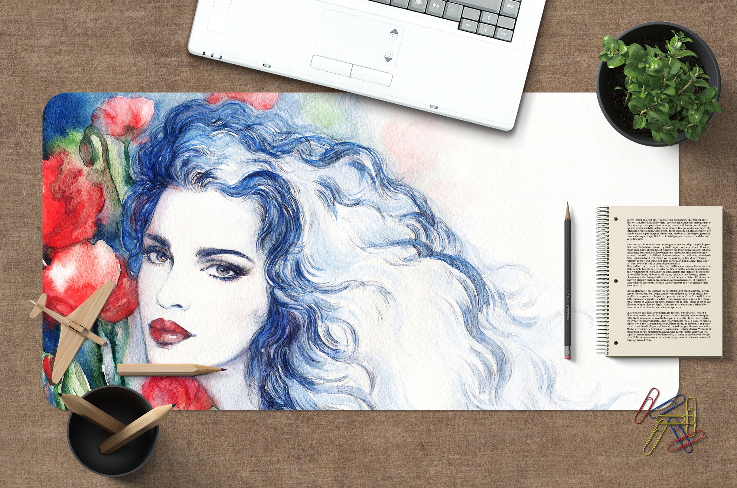 3D Blue Curly Hair Female 17154 Desk Mat