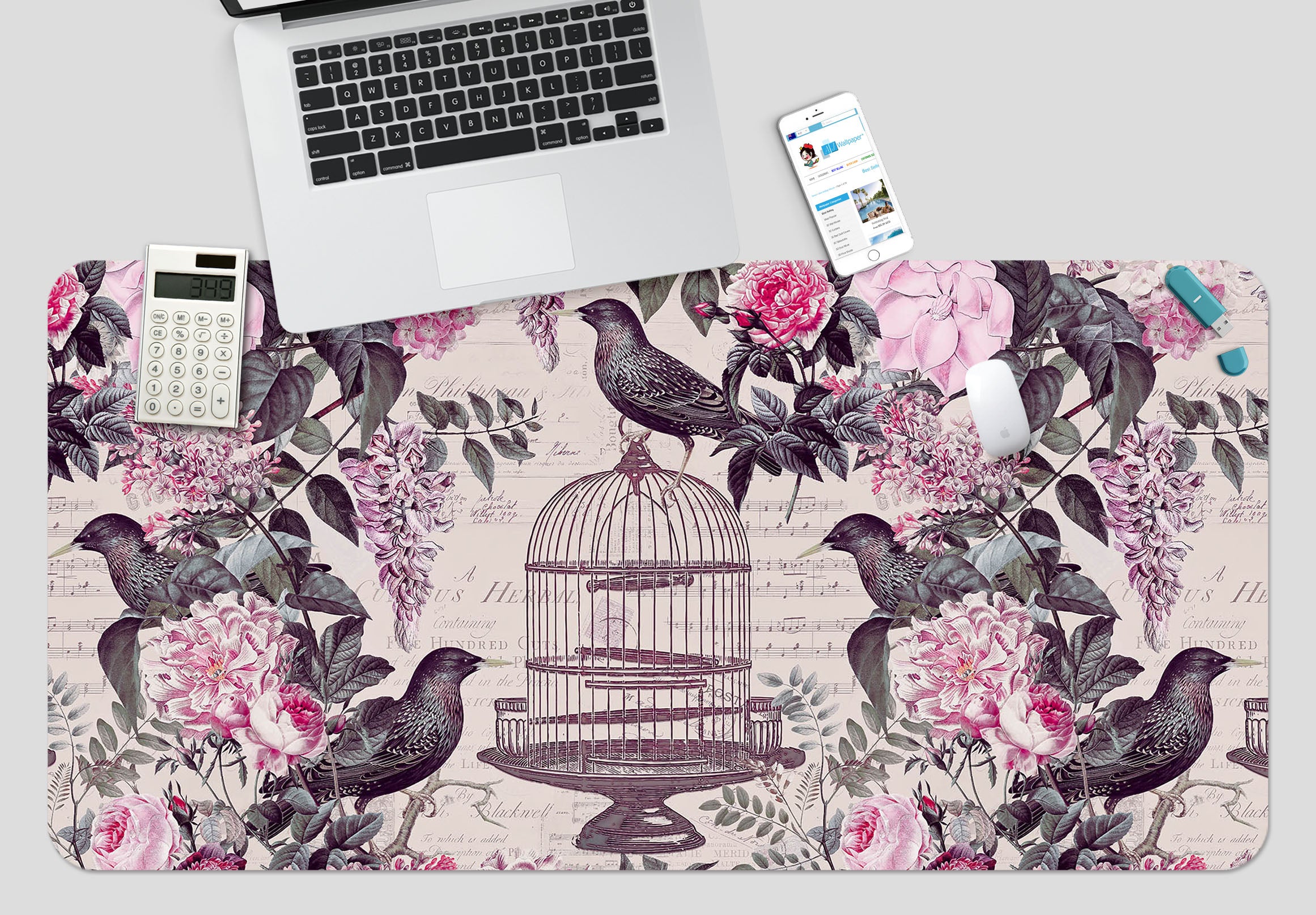 3D Pink Flower Bird 984 Andrea Haase Desk Mat