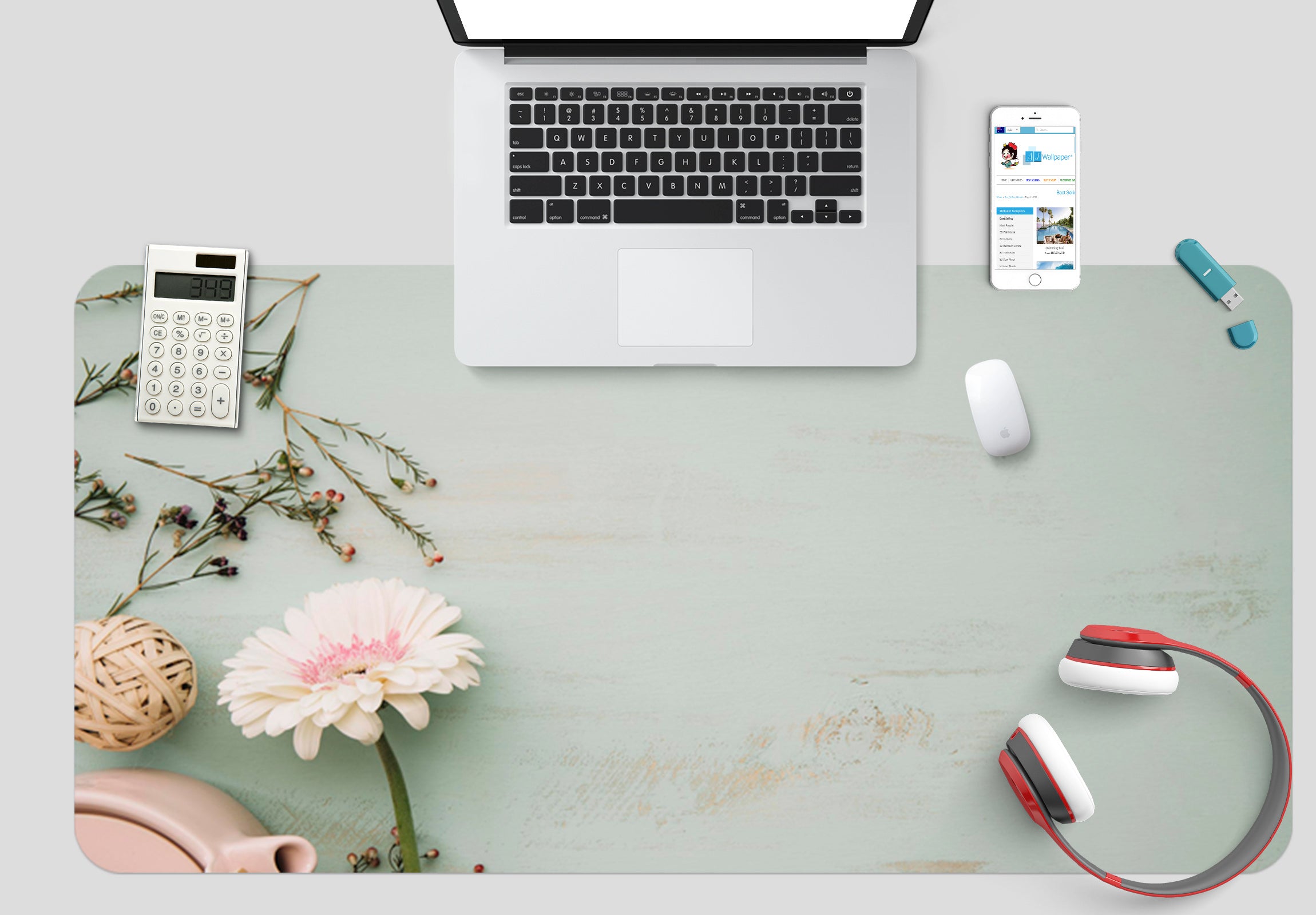 3D Gray Background Flowers 17046 Desk Mat