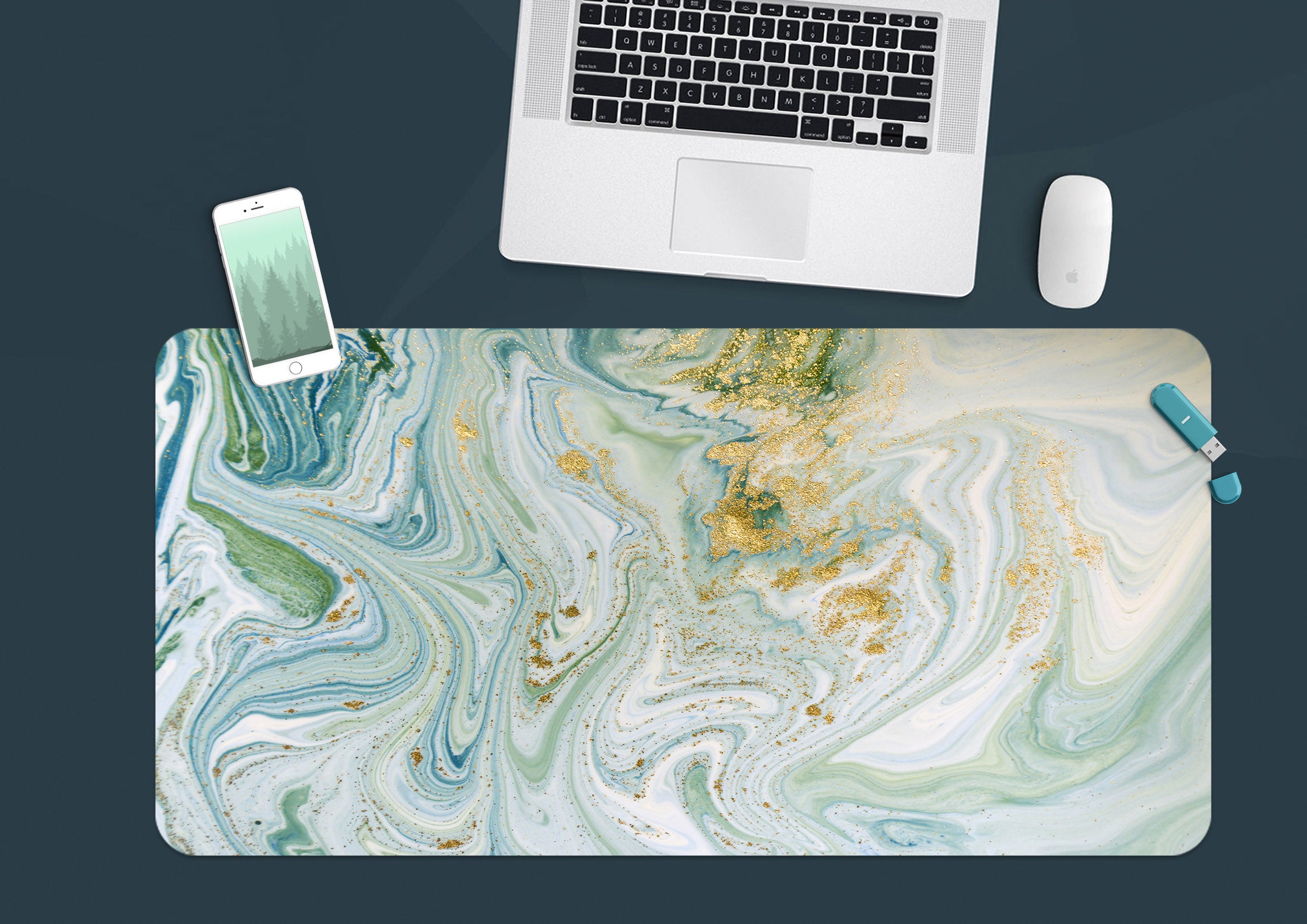 3D Golden Green Lines 18010 Desk Mat