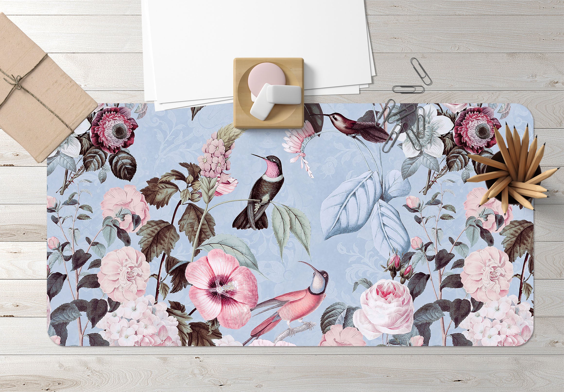 3D Blue Leaves Bird 5222 Andrea Haase Desk Mat