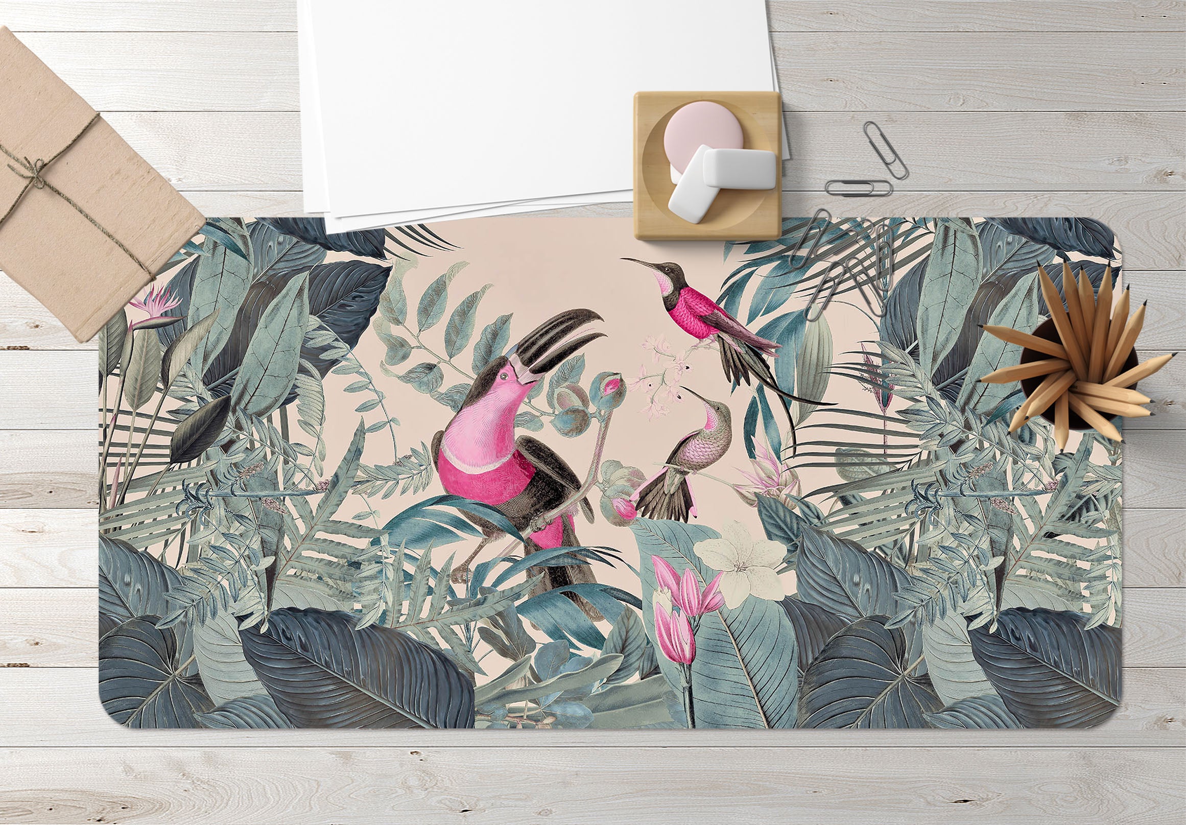 3D Pink Bird Leaves 988 Andrea Haase Desk Mat