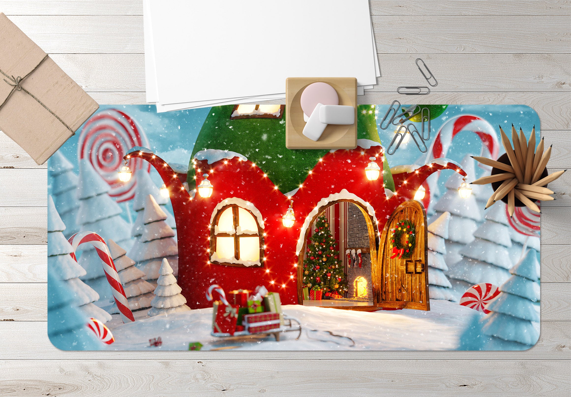 3D Red Green Cabin 51209 Christmas Desk Mat Xmas