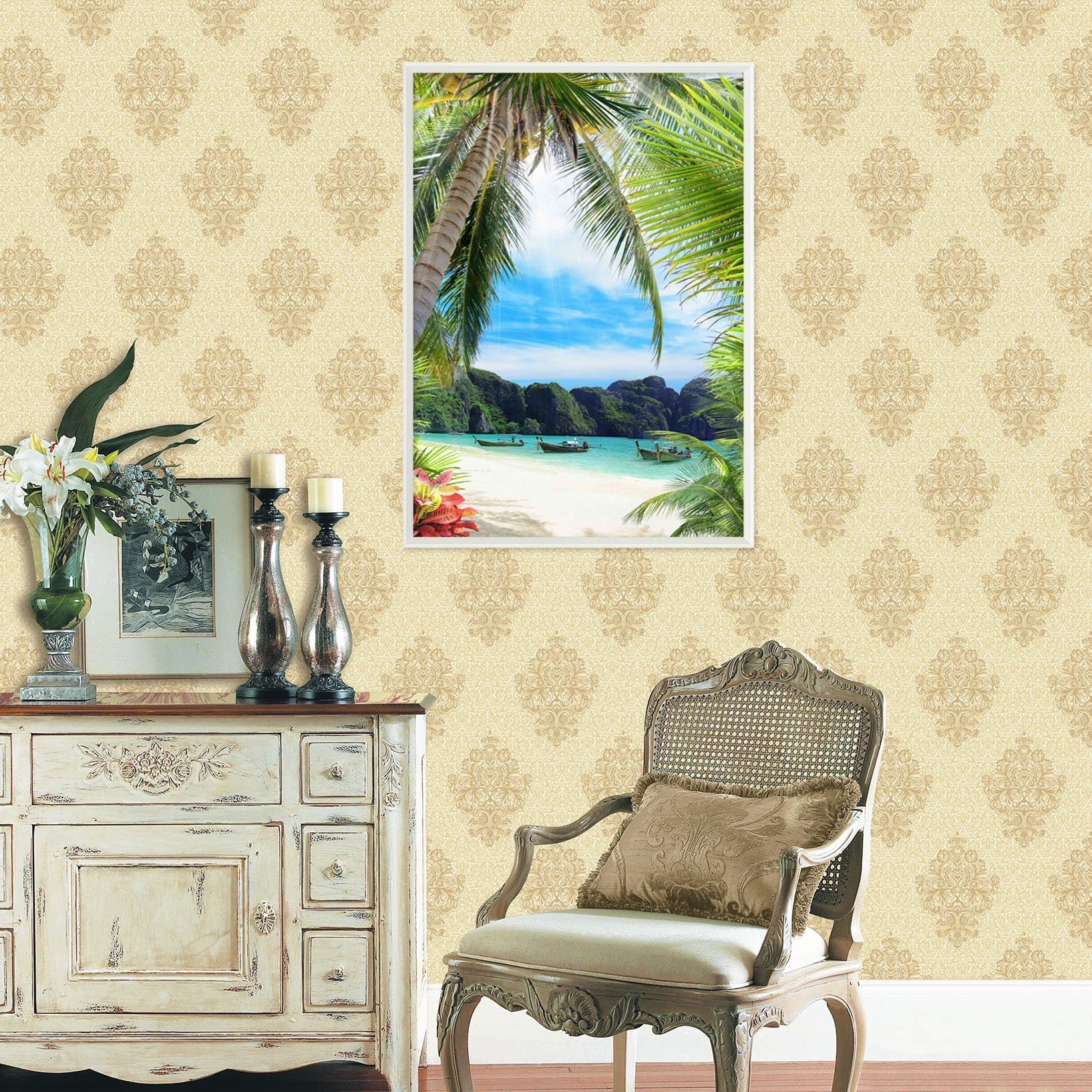 3D Coconut Boat 047 Fake Framed Print Painting Wallpaper AJ Creativity Home
