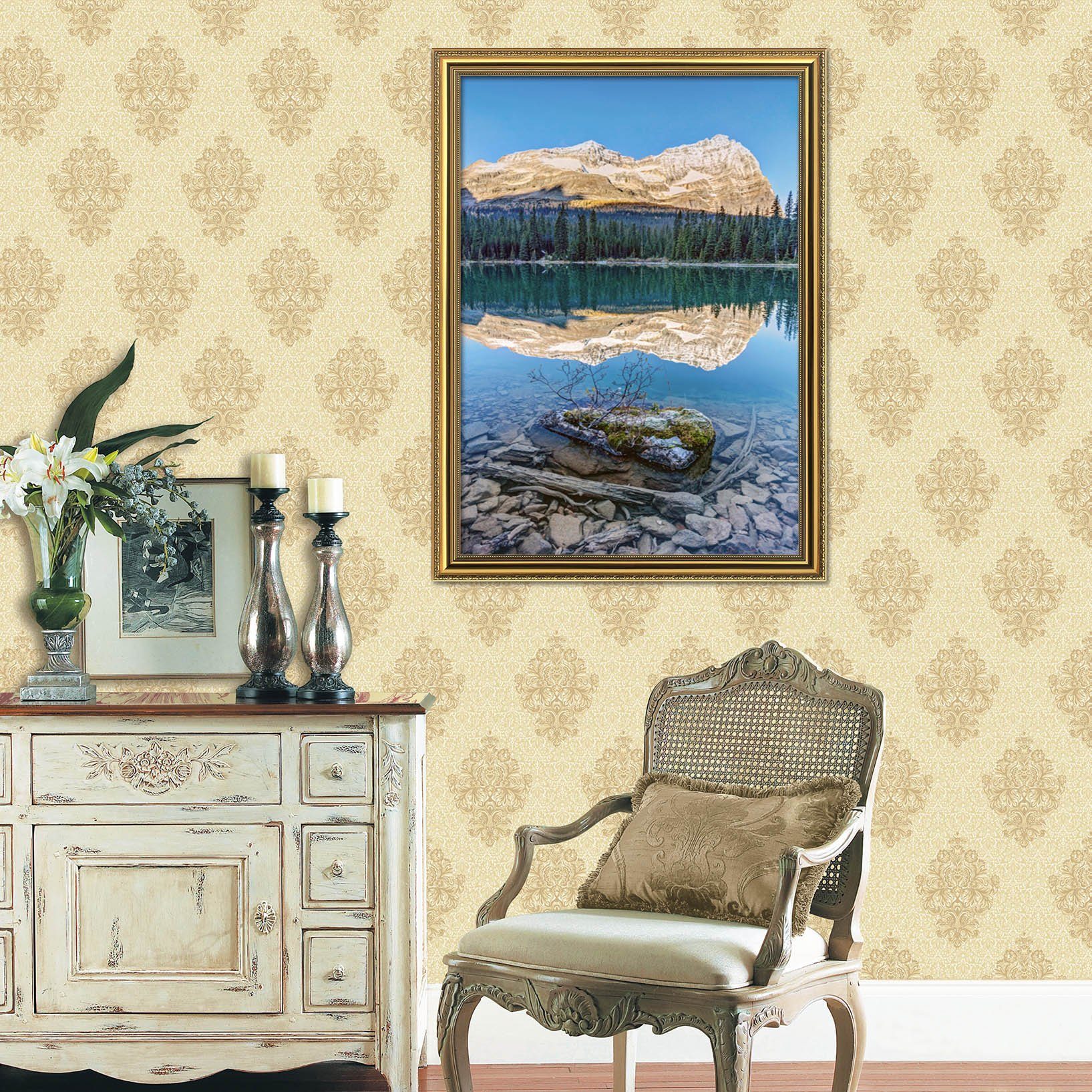 3D Mountain Lake 031 Fake Framed Print Painting Wallpaper AJ Creativity Home