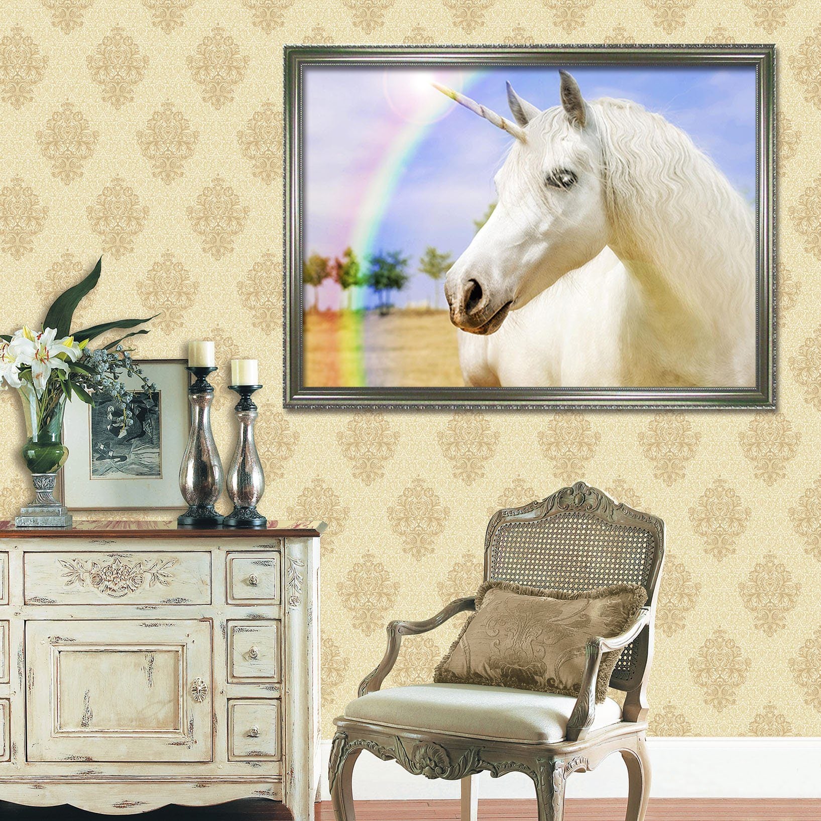 3D White Unicorn 056 Fake Framed Print Painting Wallpaper AJ Creativity Home