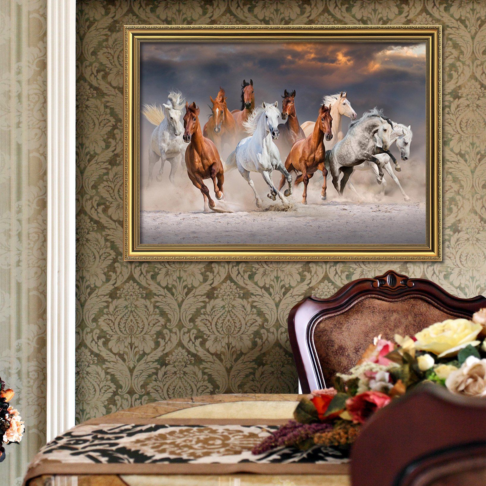 3D Running Horses 057 Fake Framed Print Painting Wallpaper AJ Creativity Home