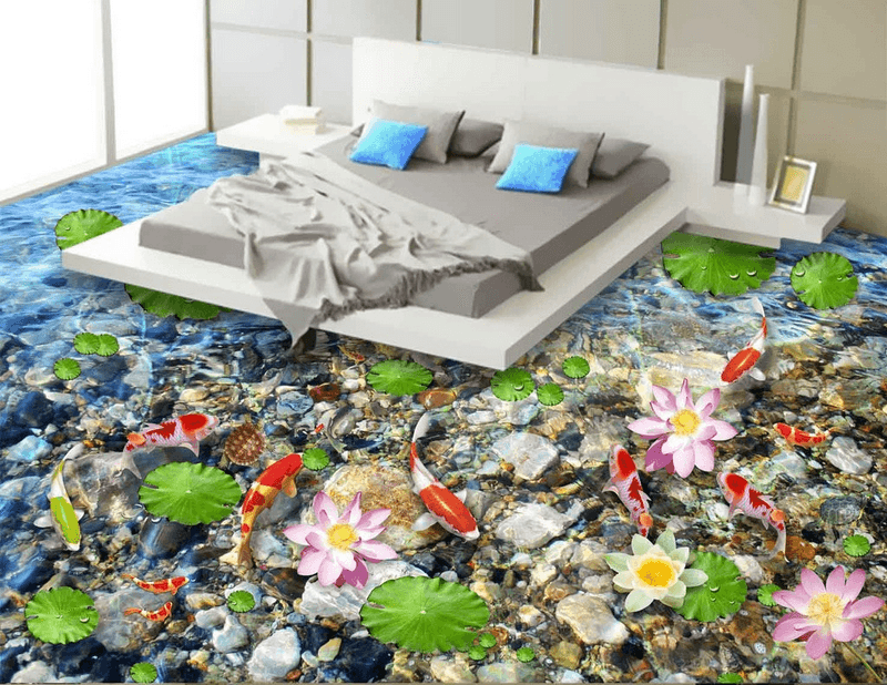 3D Lotus And Fish Floor Mural Wallpaper AJ Wallpaper 2