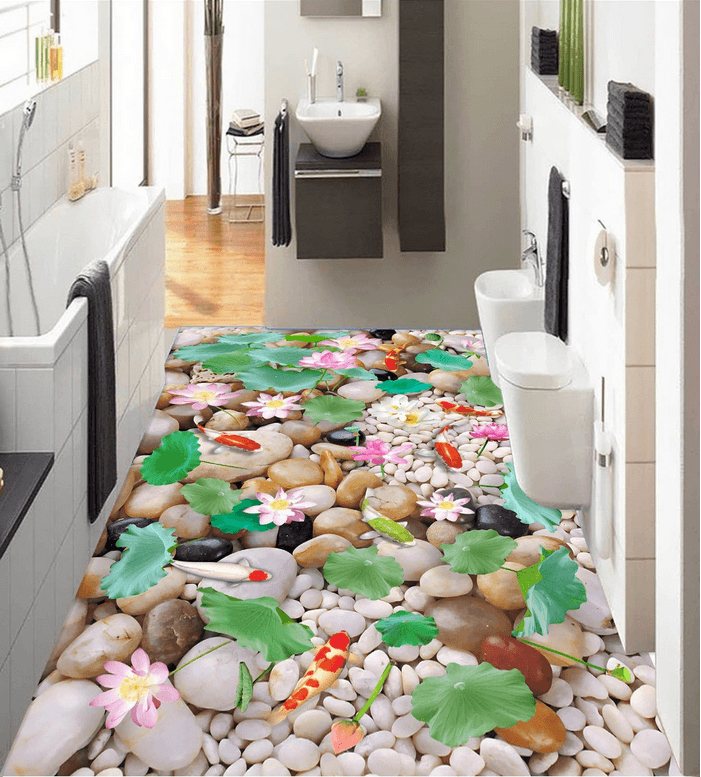 3D Pebbles And Lotus Floor Mural Wallpaper AJ Wallpaper 2