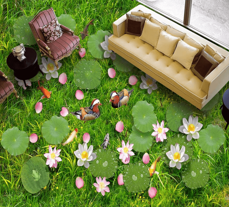 3D Grassland Lotus Floor Mural Wallpaper AJ Wallpaper 2