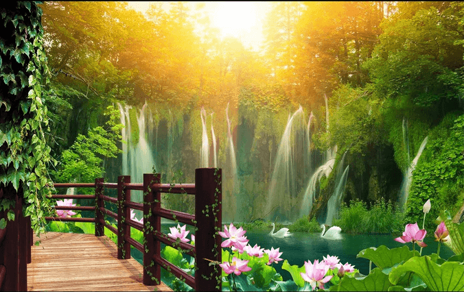 Waterfall Lake Wood Corridor Wallpaper AJ Wallpaper