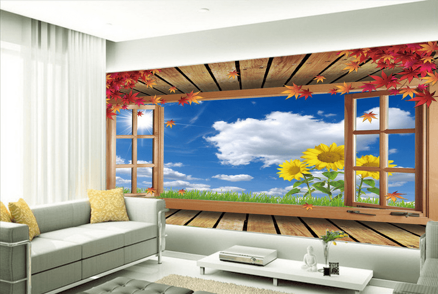 Wood Window And Sunflowers Wallpaper AJ Wallpaper