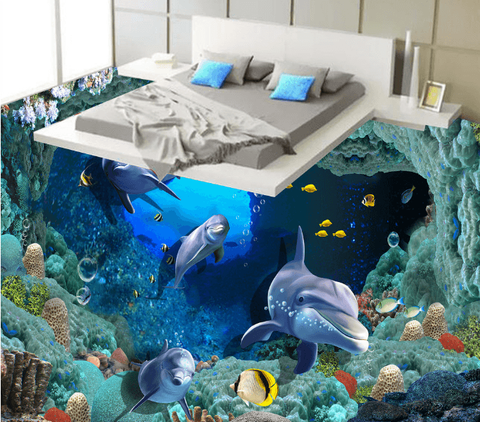 3D Cave Dolphins 002 Floor Mural Wallpaper AJ Wallpaper 2