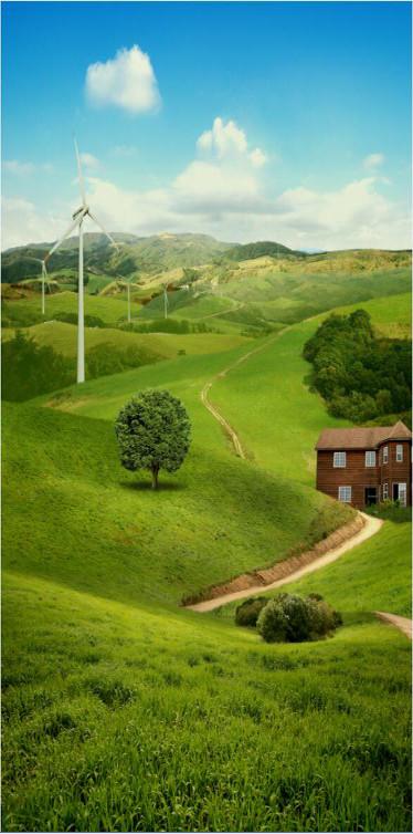 3D grassland windmill tree door mural Wallpaper AJ Wallpaper