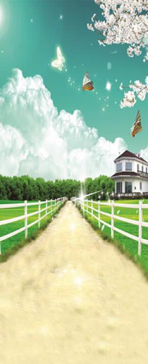 3D house the blue sky and white clouds fence door mural Wallpaper AJ Wallpaper