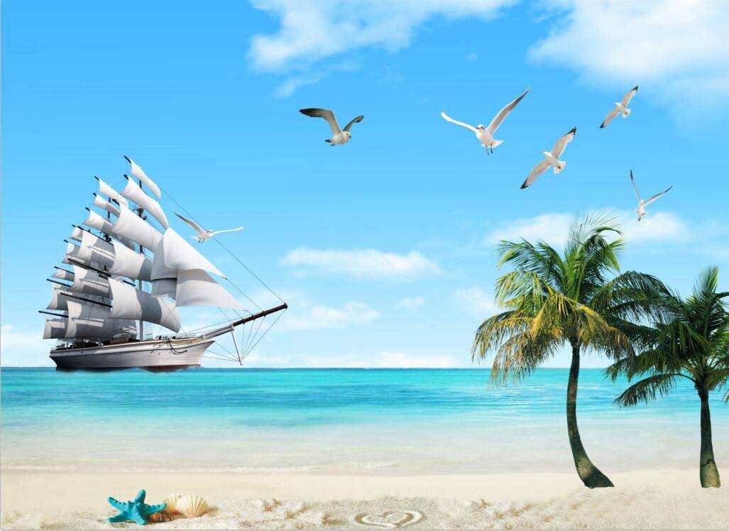 3D Sunny beach boat birds Wallpaper AJ Wallpaper 1