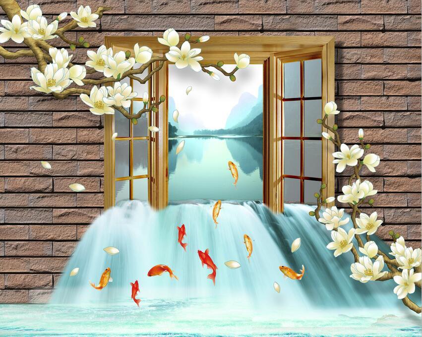 3D Window Wood Flower Fish Wallpaper AJ Wallpaper 1