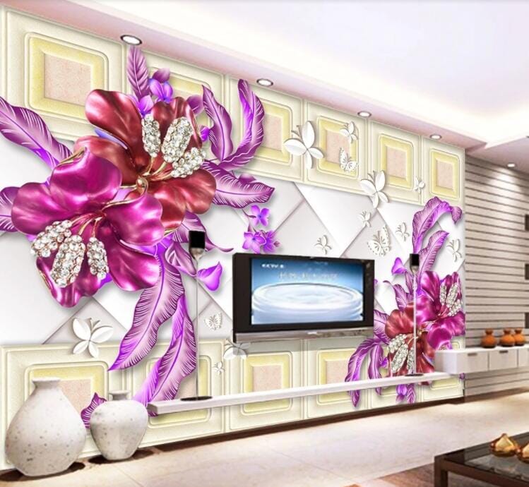 3D Purple Flower Leaves WC204 Wall Murals Wallpaper AJ Wallpaper 2