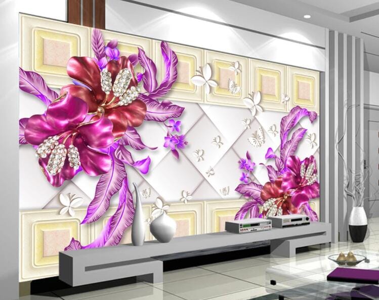 3D Purple Flower Leaves WC204 Wall Murals Wallpaper AJ Wallpaper 2
