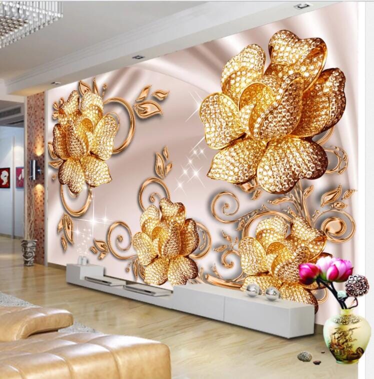 3D Golden Flower WC467 Wall Murals Wallpaper AJ Wallpaper 2
