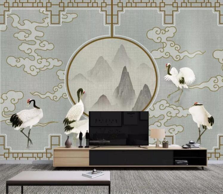 3D White Crane WC2669 Wall Murals