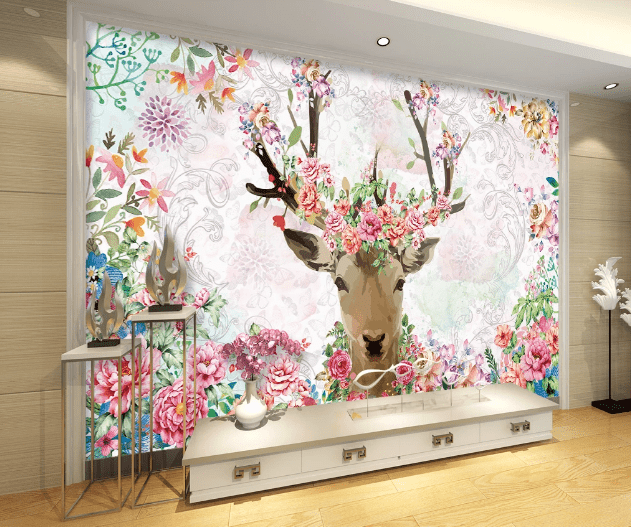 3D Peony Deer WC175 Wall Murals Wallpaper AJ Wallpaper 2