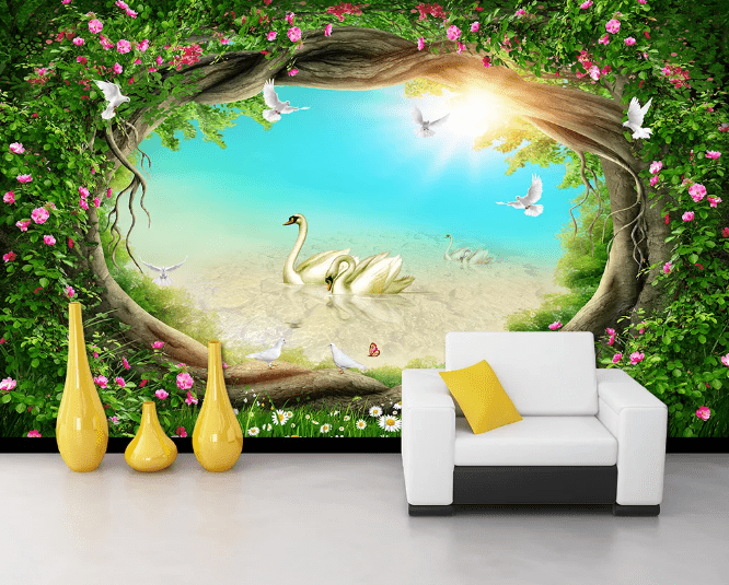 3D Tree Hole Swan WC337 Wall Murals Wallpaper AJ Wallpaper 2