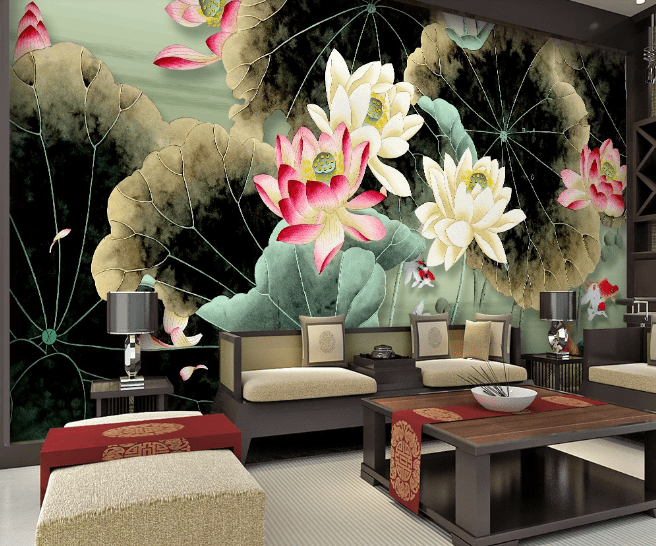 3D Lotus Goldfish WC107 Wall Murals Wallpaper AJ Wallpaper 2