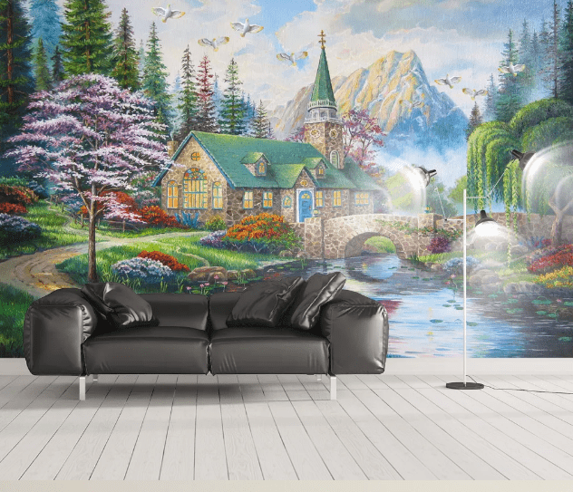 3D House Bridge River WC924 Wall Murals Wallpaper AJ Wallpaper 2