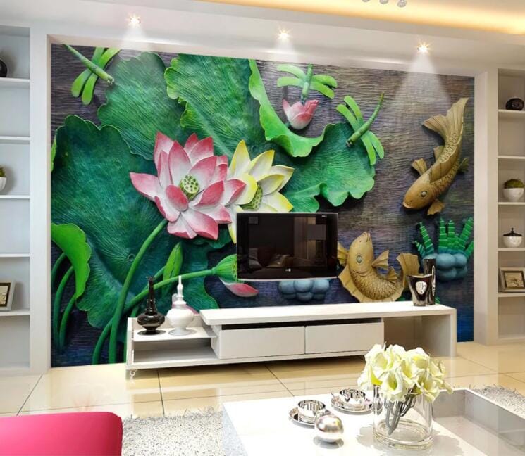 3D Lotus Leaf Goldfish WC1036 Wall Murals Wallpaper AJ Wallpaper 2