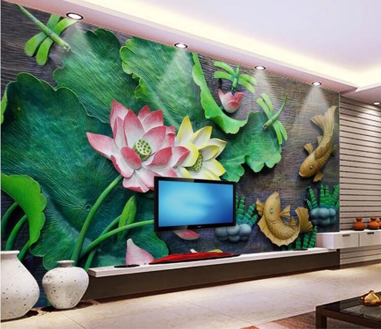 3D Lotus Leaf Goldfish WC1036 Wall Murals Wallpaper AJ Wallpaper 2