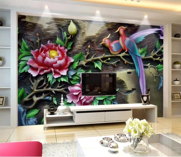 3D Bird Peony WC1032 Wall Murals Wallpaper AJ Wallpaper 2