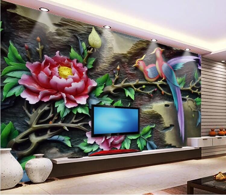 3D Bird Peony WC1032 Wall Murals Wallpaper AJ Wallpaper 2
