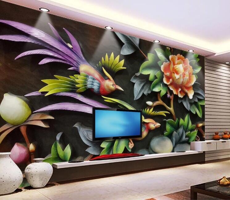 3D Parrot Peony WC1030 Wall Murals Wallpaper AJ Wallpaper 2
