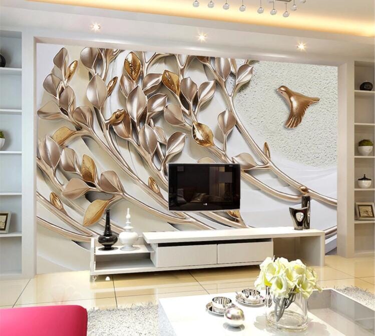3D Golden Leaf Bird WC894 Wall Murals Wallpaper AJ Wallpaper 2