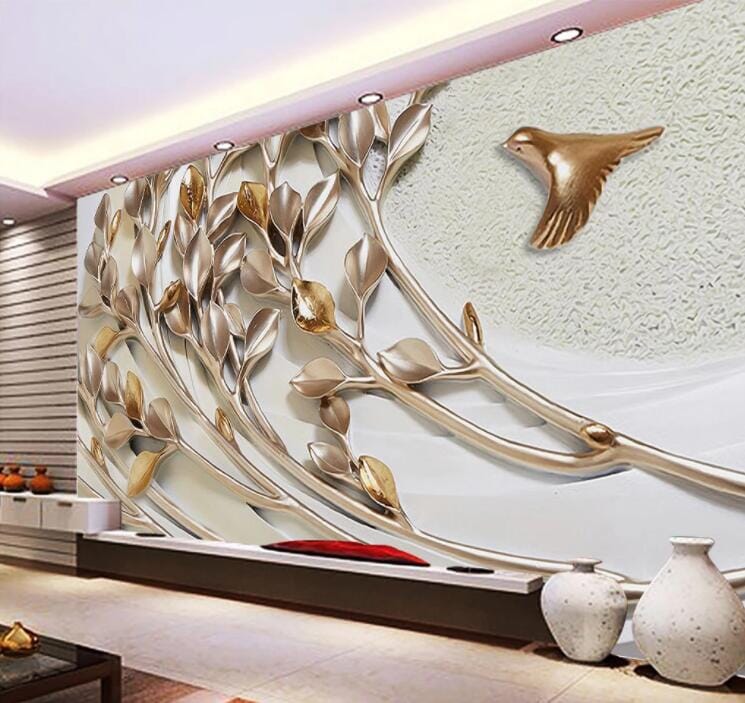 3D Golden Leaf Bird WC894 Wall Murals Wallpaper AJ Wallpaper 2