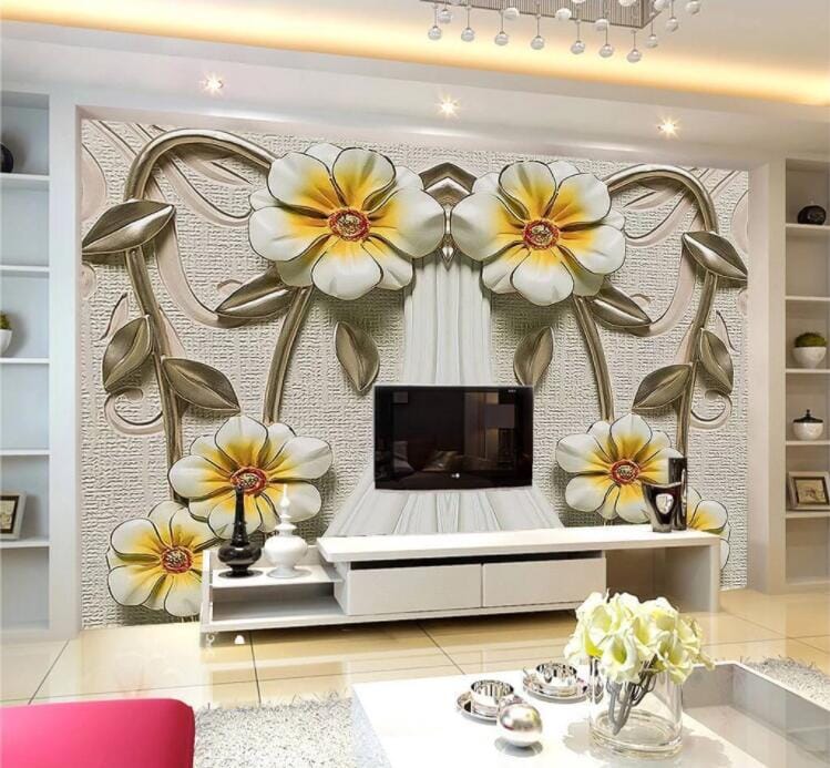 3D Vase Silver Leaves WC869 Wall Murals Wallpaper AJ Wallpaper 2