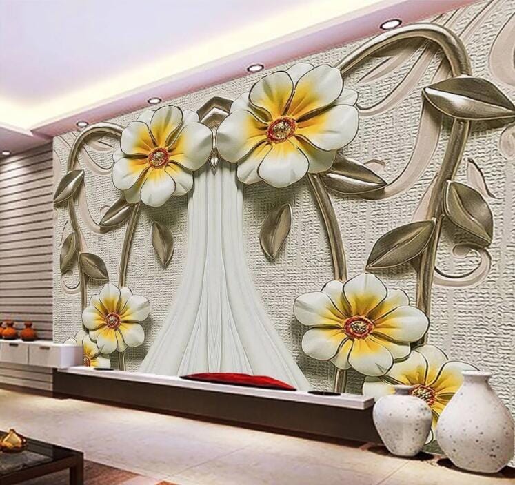 3D Vase Silver Leaves WC869 Wall Murals Wallpaper AJ Wallpaper 2